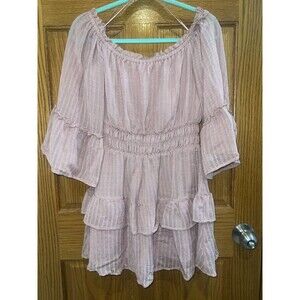Le Lis Womens Off Shoulder Tiered Dress Smocked Waist Flare Sleeve Lined Pink M